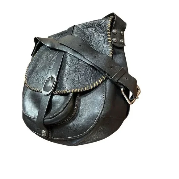 Patricia Nash Barcelona Black Tooled Leather Large Crossbody Saddle Bag Purse - Picture 4 of 15